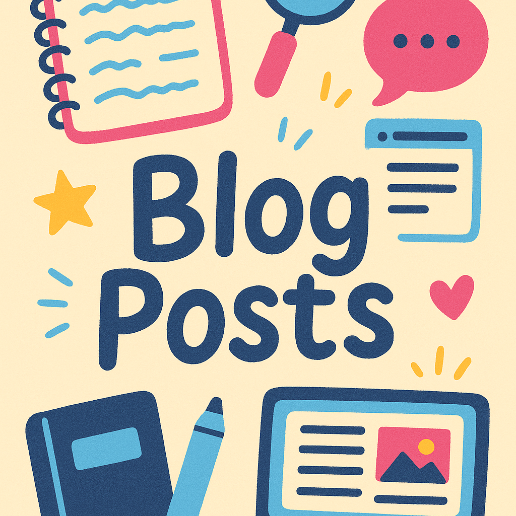 The words blog posts with small illustrations of different writing tools surrounding it