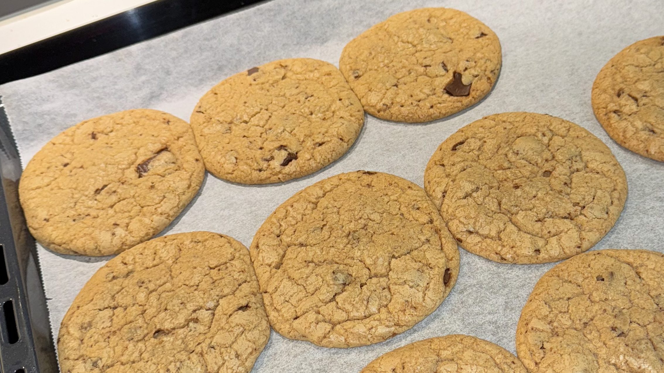 Chocolate chip cookies that have been baked