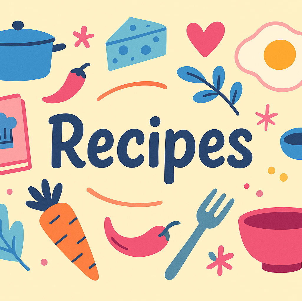 Image with the word recipes in the middle surrounded by food related items like a fork, saucepan, a carrot and more